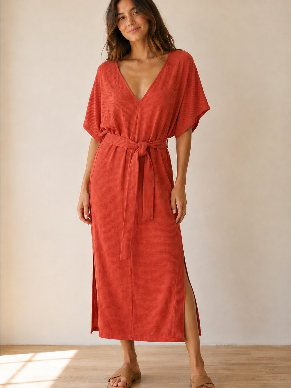Free People Made in USA Burnt Orange Ribbed Knit Belted Kaftan Maxi Dress S Boho